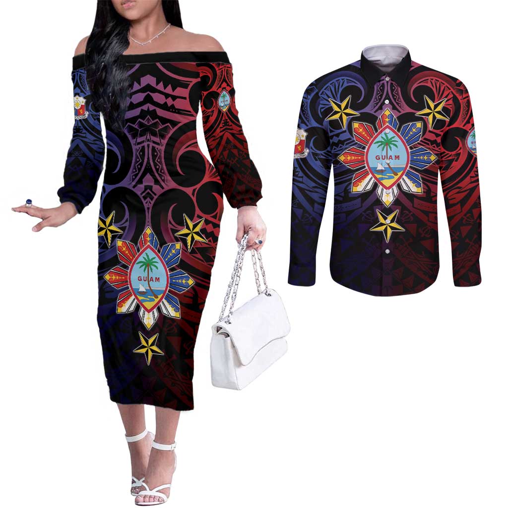 Philippines Guam Couples Matching Off The Shoulder Long Sleeve Dress and Long Sleeve Button Shirt Filipino Sun With Guaman Seal