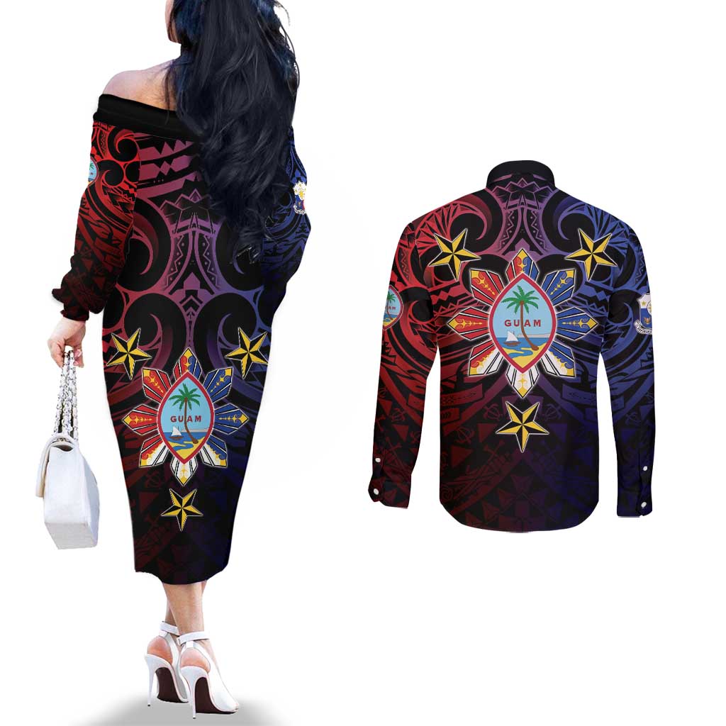 Philippines Guam Couples Matching Off The Shoulder Long Sleeve Dress and Long Sleeve Button Shirt Filipino Sun With Guaman Seal LT05 - Polynesian Pride