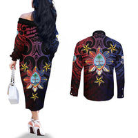 Philippines Guam Couples Matching Off The Shoulder Long Sleeve Dress and Long Sleeve Button Shirt Filipino Sun With Guaman Seal LT05 - Polynesian Pride