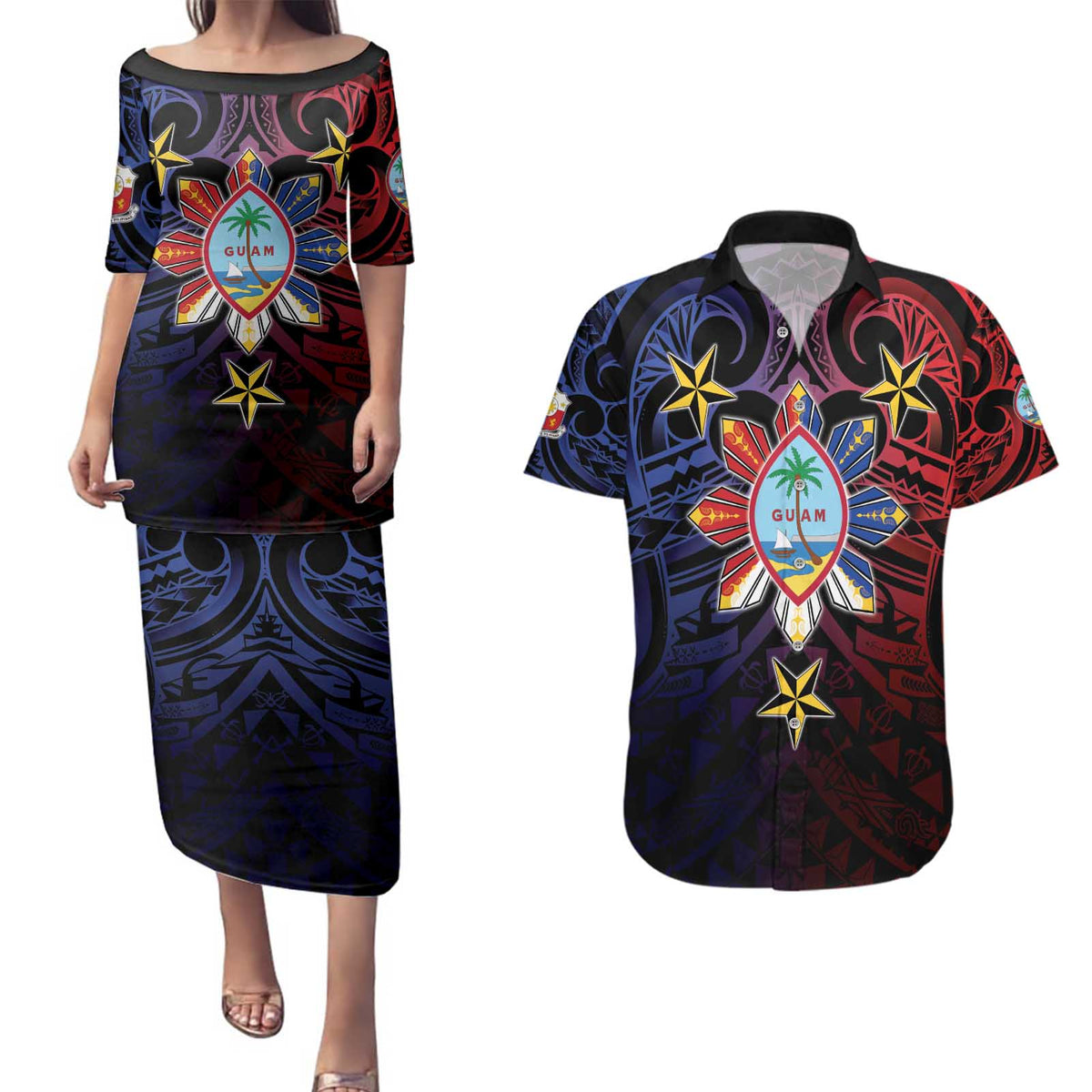 Philippines Guam Couples Matching Puletasi and Hawaiian Shirt Filipino Sun With Guaman Seal LT05 Blue - Polynesian Pride