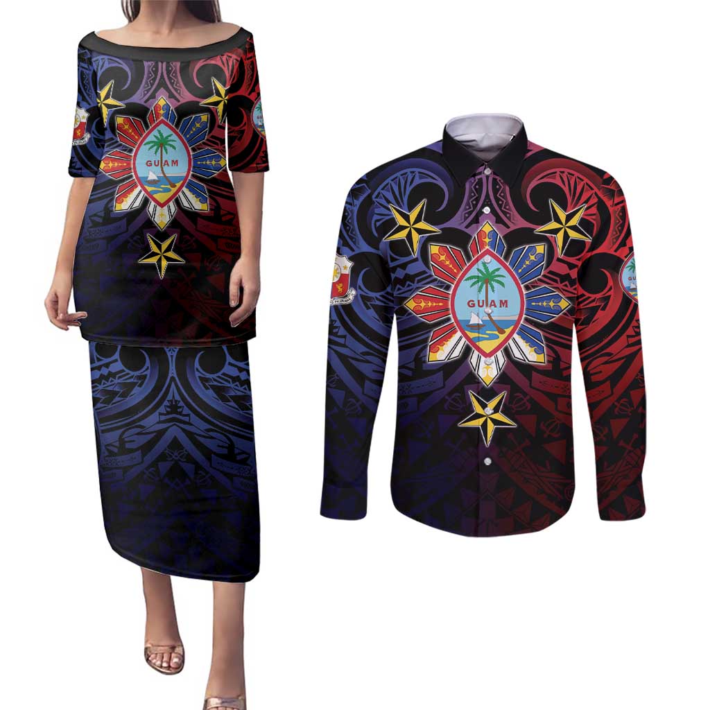 Philippines Guam Couples Matching Puletasi and Long Sleeve Button Shirt Filipino Sun With Guaman Seal
