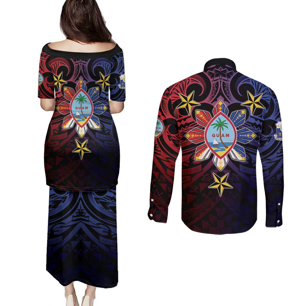 Philippines Guam Couples Matching Puletasi and Long Sleeve Button Shirt Filipino Sun With Guaman Seal