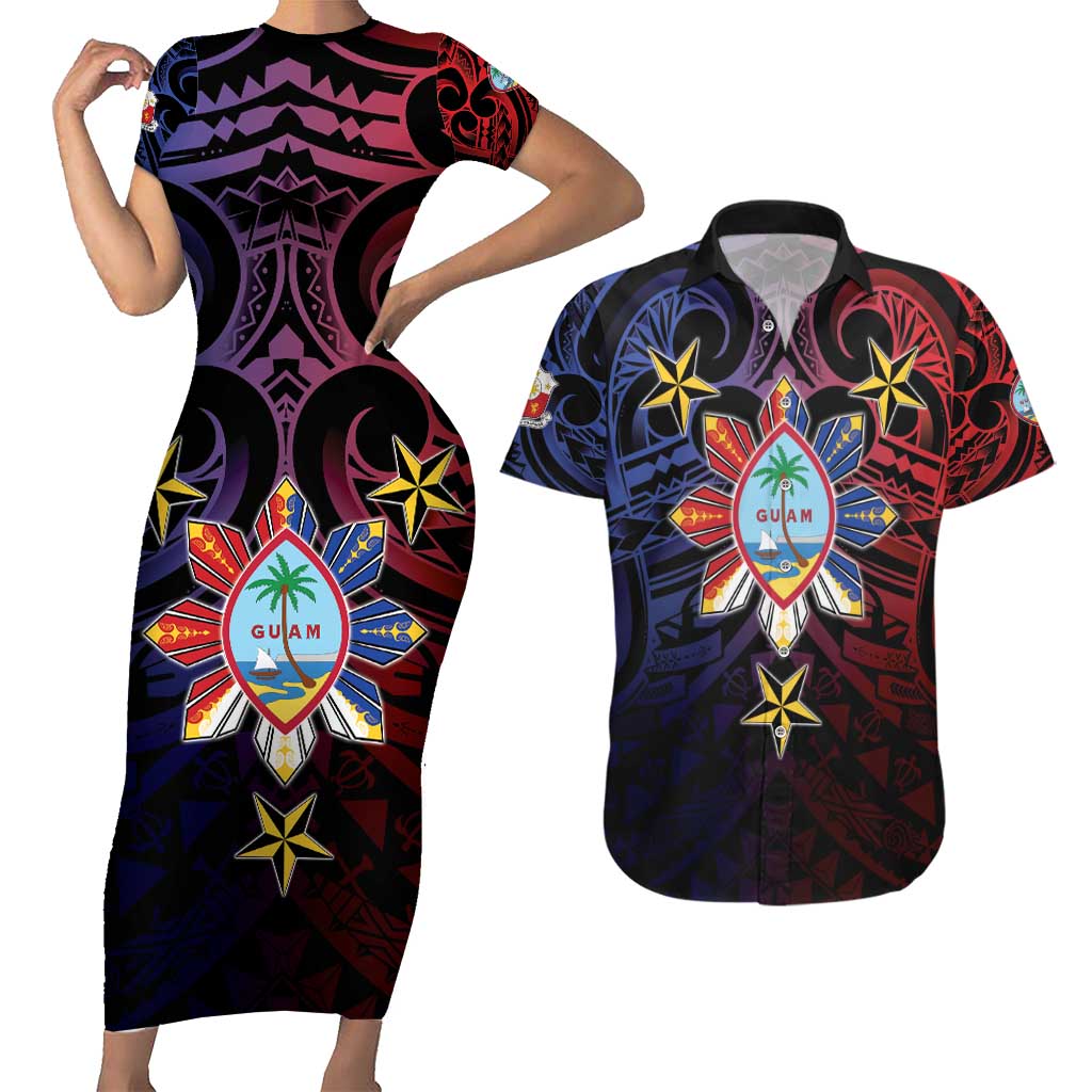 Philippines Guam Couples Matching Short Sleeve Bodycon Dress and Hawaiian Shirt Filipino Sun With Guaman Seal LT05 Blue - Polynesian Pride