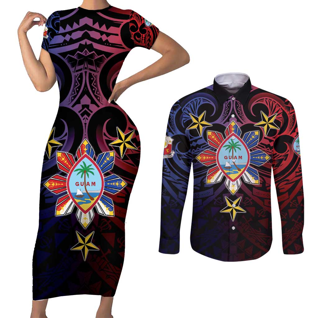 Philippines Guam Couples Matching Short Sleeve Bodycon Dress and Long Sleeve Button Shirt Filipino Sun With Guaman Seal LT05 Blue - Polynesian Pride