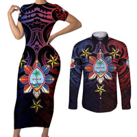 Philippines Guam Couples Matching Short Sleeve Bodycon Dress and Long Sleeve Button Shirt Filipino Sun With Guaman Seal LT05 Blue - Polynesian Pride