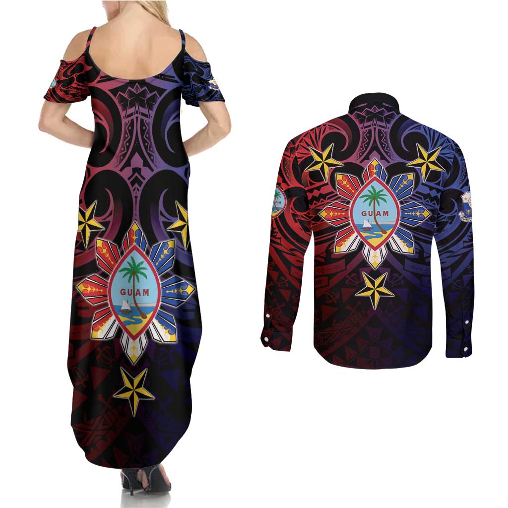 Philippines Guam Couples Matching Summer Maxi Dress and Long Sleeve Button Shirt Filipino Sun With Guaman Seal LT05 - Polynesian Pride