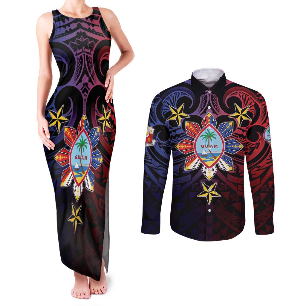 Philippines Guam Couples Matching Tank Maxi Dress and Long Sleeve Button Shirt Filipino Sun With Guaman Seal LT05 Blue - Polynesian Pride