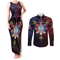 Philippines Guam Couples Matching Tank Maxi Dress and Long Sleeve Button Shirt Filipino Sun With Guaman Seal LT05 Blue - Polynesian Pride