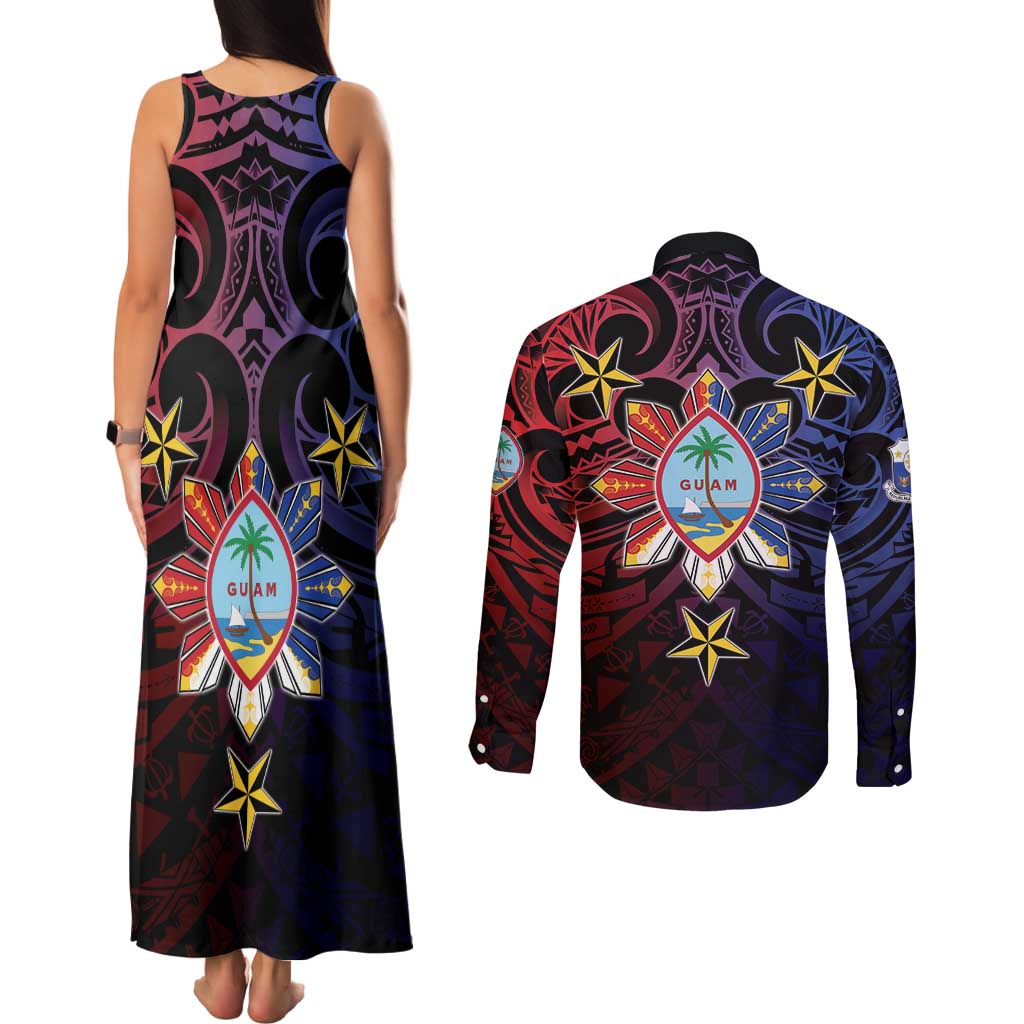 Philippines Guam Couples Matching Tank Maxi Dress and Long Sleeve Button Shirt Filipino Sun With Guaman Seal LT05 - Polynesian Pride