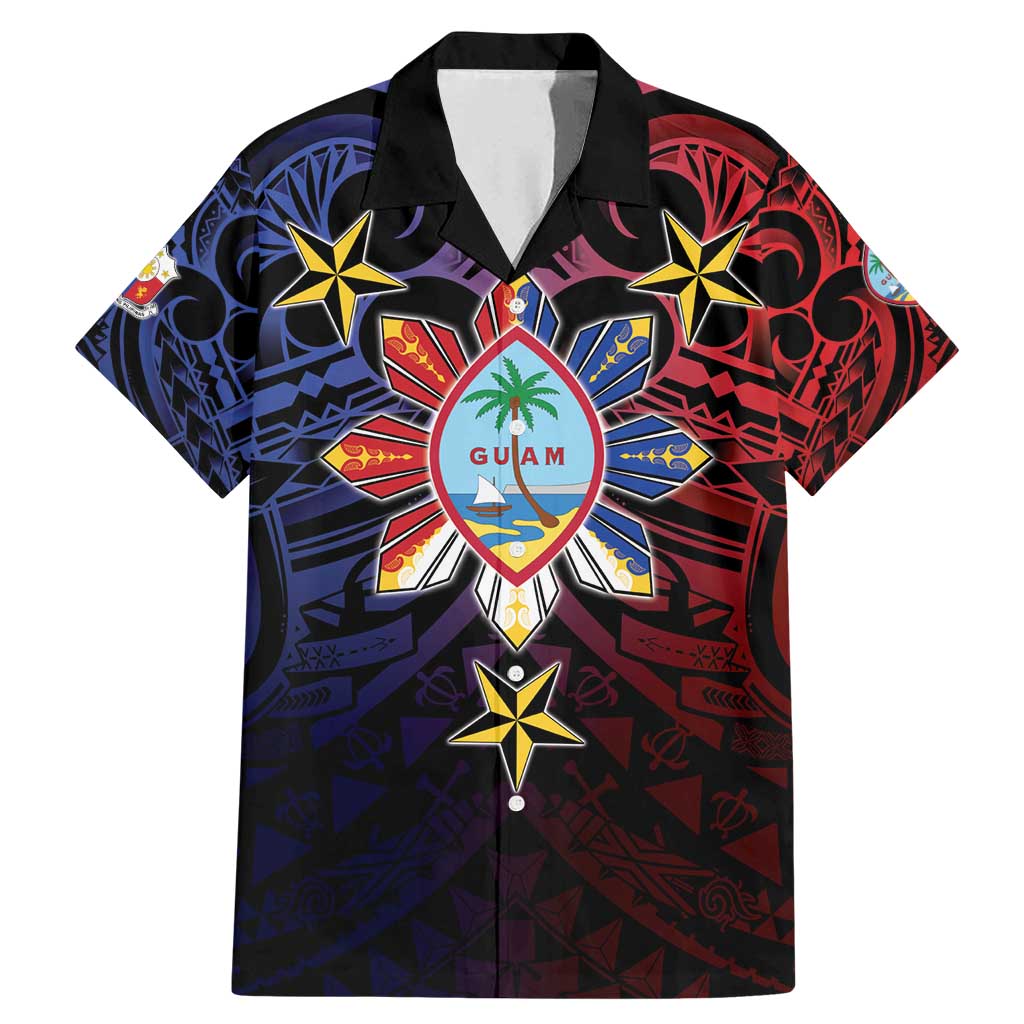 Philippines Guam Family Matching Mermaid Dress and Hawaiian Shirt Filipino Sun With Guaman Seal LT05 Dad's Shirt - Short Sleeve Blue - Polynesian Pride