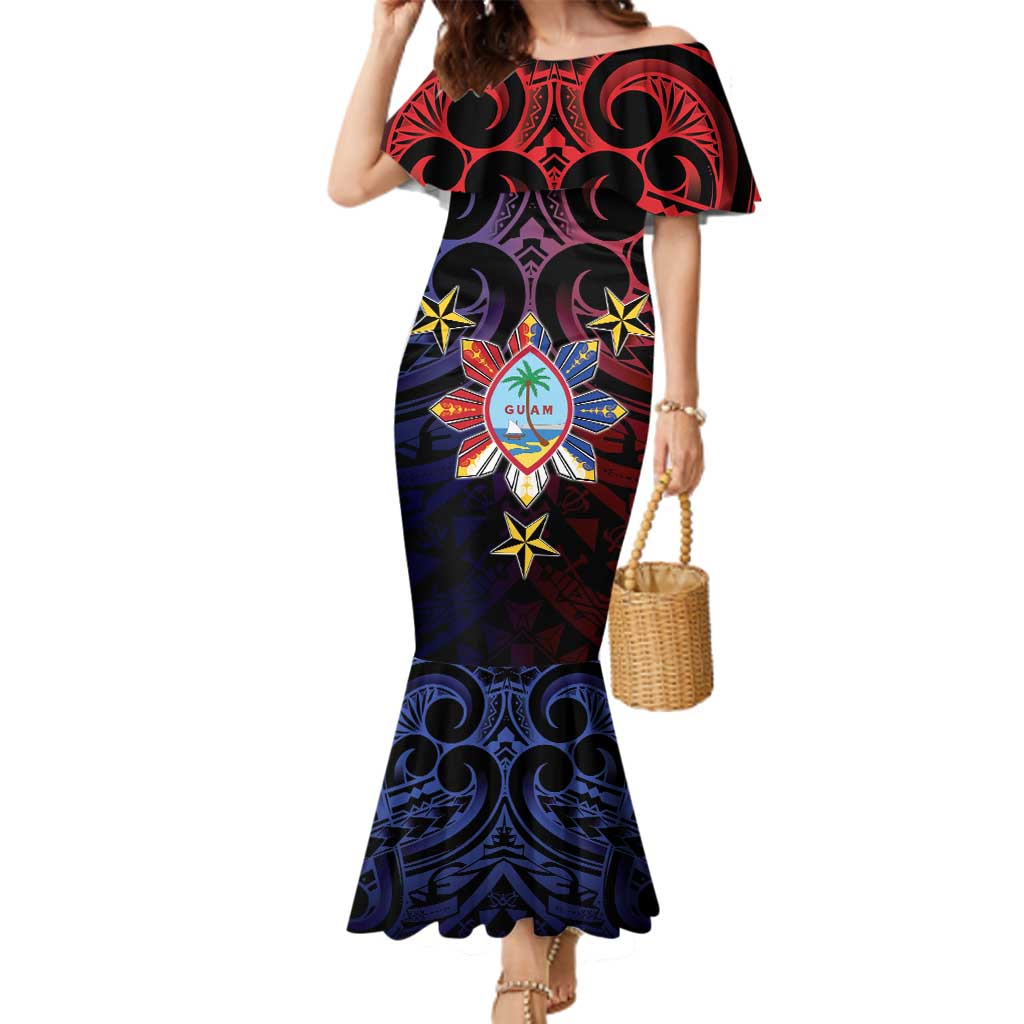 Philippines Guam Family Matching Mermaid Dress and Hawaiian Shirt Filipino Sun With Guaman Seal LT05 Mom's Dress Blue - Polynesian Pride