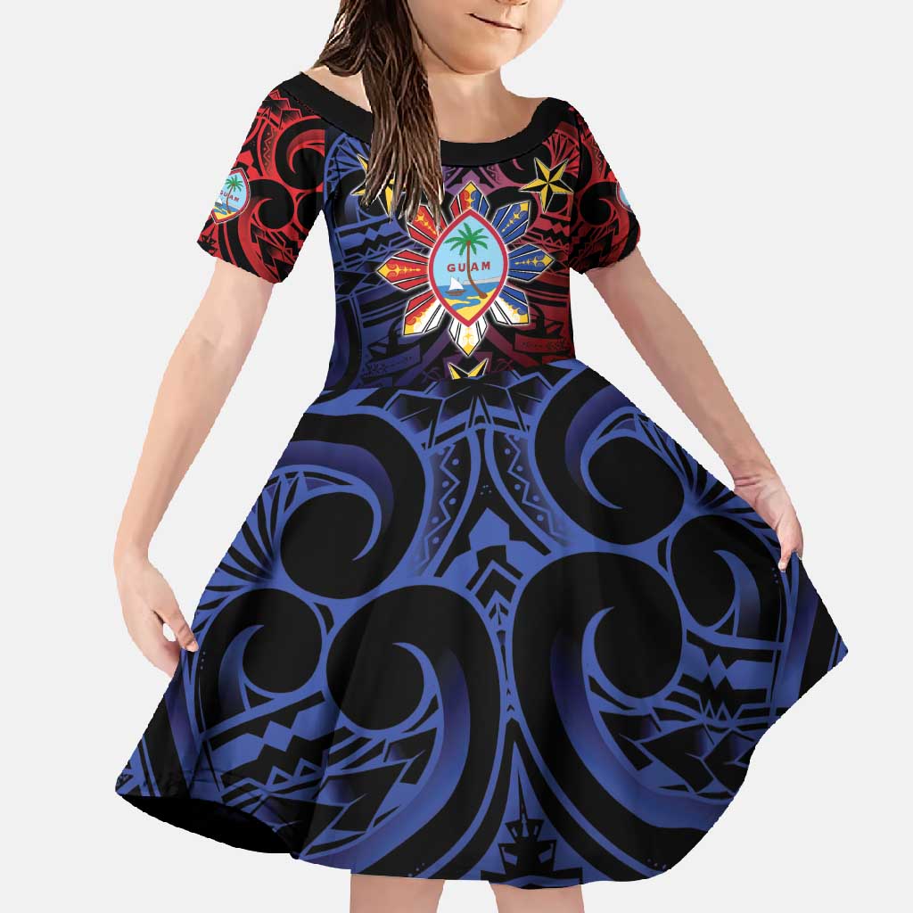 Philippines Guam Family Matching Off Shoulder Maxi Dress and Hawaiian Shirt Filipino Sun With Guaman Seal LT05 Daughter's Dress Blue - Polynesian Pride