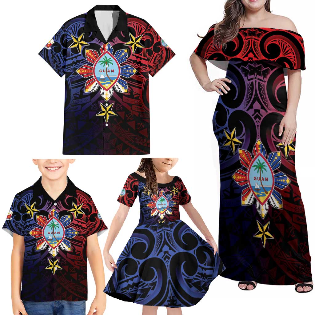 Philippines Guam Family Matching Off Shoulder Maxi Dress and Hawaiian Shirt Filipino Sun With Guaman Seal LT05 - Polynesian Pride