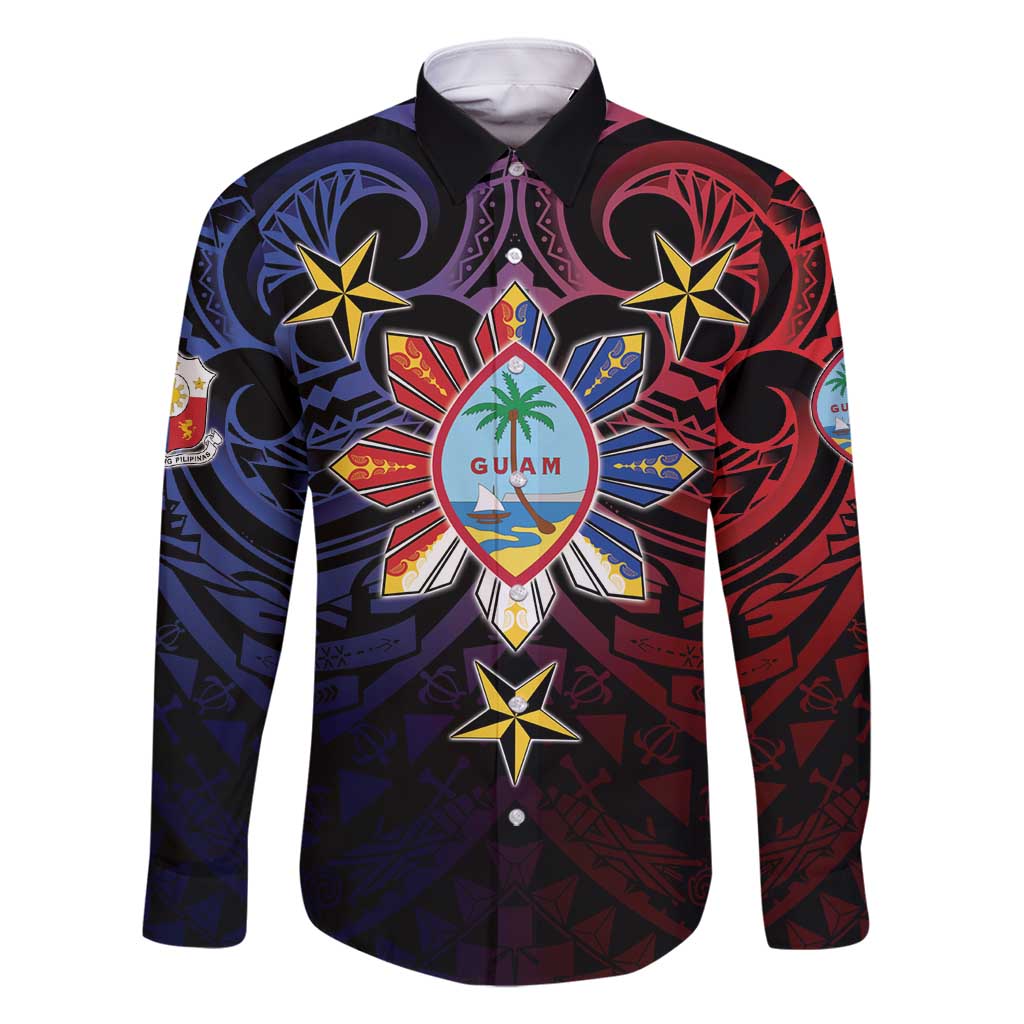 Philippines Guam Family Matching Off Shoulder Maxi Dress and Hawaiian Shirt Filipino Sun With Guaman Seal LT05 Dad's Shirt - Long Sleeve Blue - Polynesian Pride