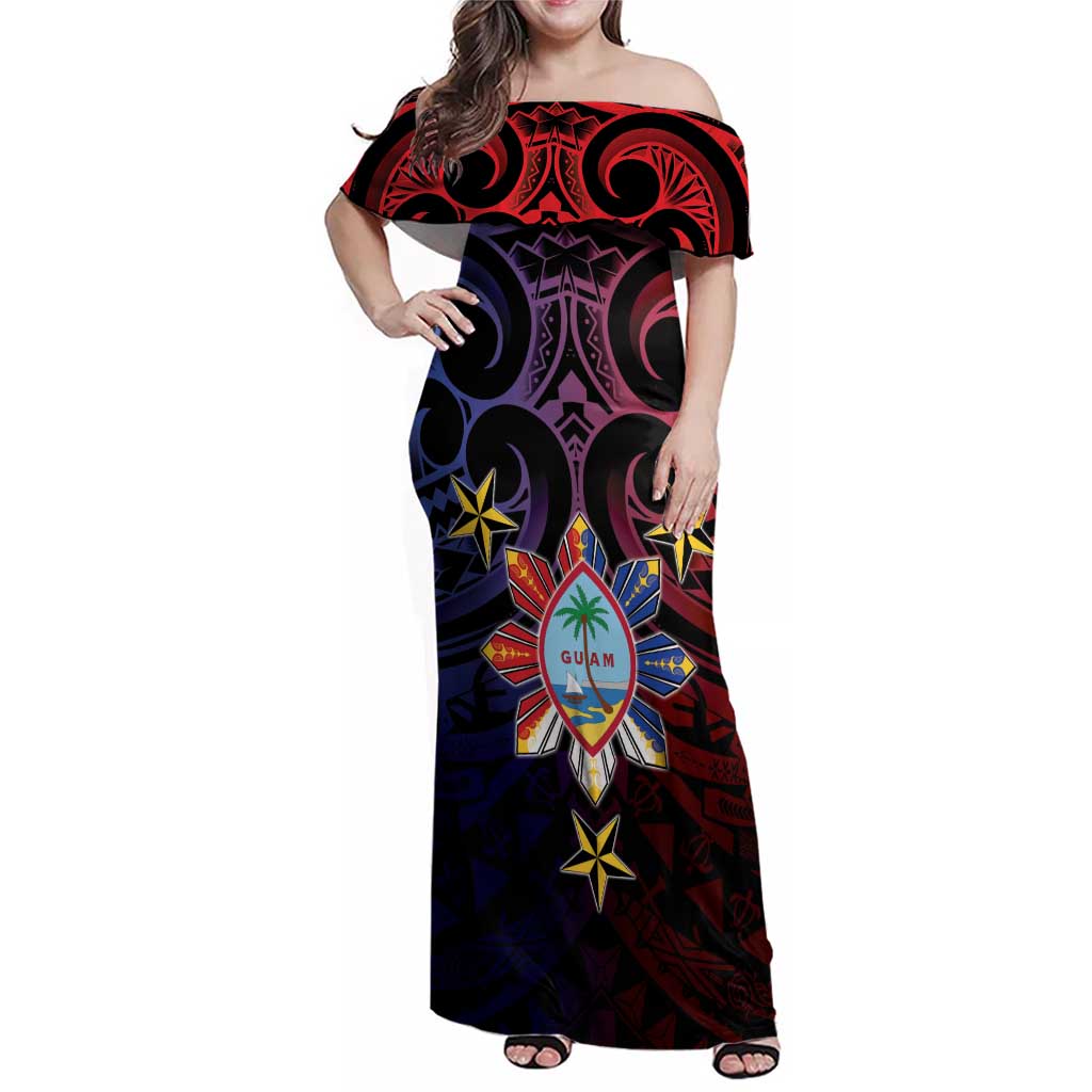 Philippines Guam Family Matching Off Shoulder Maxi Dress and Hawaiian Shirt Filipino Sun With Guaman Seal LT05 Mom's Dress Blue - Polynesian Pride