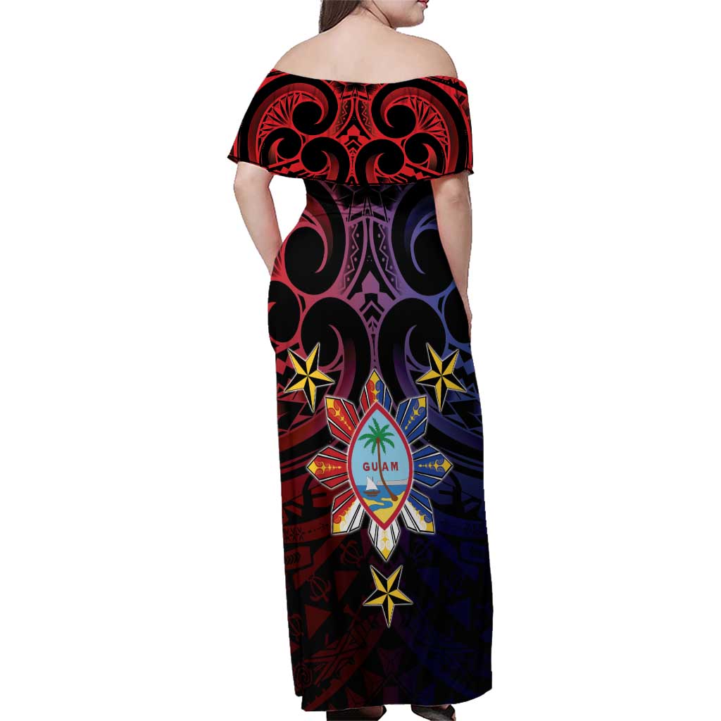 Philippines Guam Family Matching Off Shoulder Maxi Dress and Hawaiian Shirt Filipino Sun With Guaman Seal LT05 - Polynesian Pride