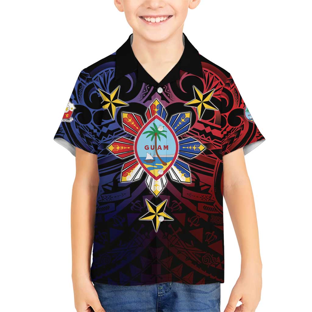 Philippines Guam Family Matching Off Shoulder Maxi Dress and Hawaiian Shirt Filipino Sun With Guaman Seal LT05 Son's Shirt Blue - Polynesian Pride