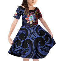 Philippines Guam Family Matching Off Shoulder Short Dress and Hawaiian Shirt Filipino Sun With Guaman Seal LT05 Daughter's Dress Blue - Polynesian Pride