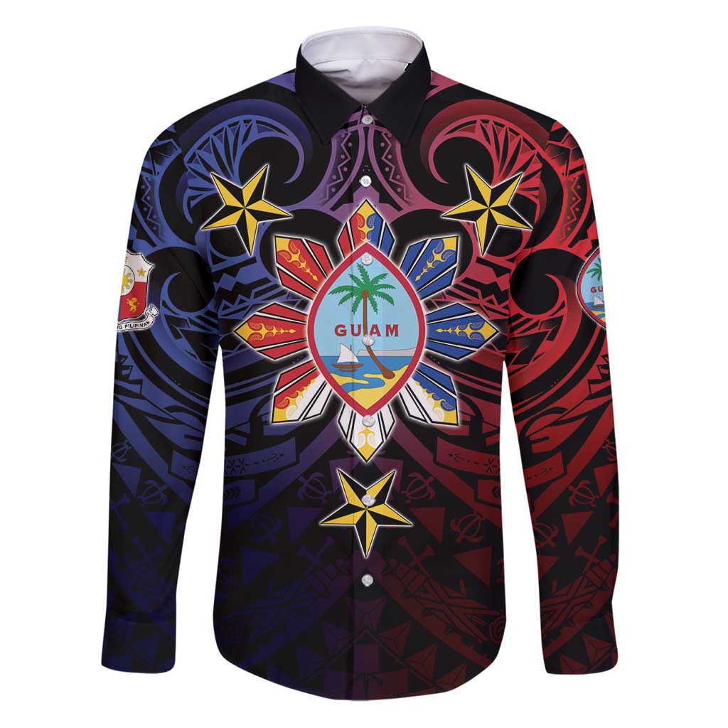 Philippines Guam Family Matching Puletasi and Hawaiian Shirt Filipino Sun With Guaman Seal LT05 Dad's Shirt - Long Sleeve Blue - Polynesian Pride