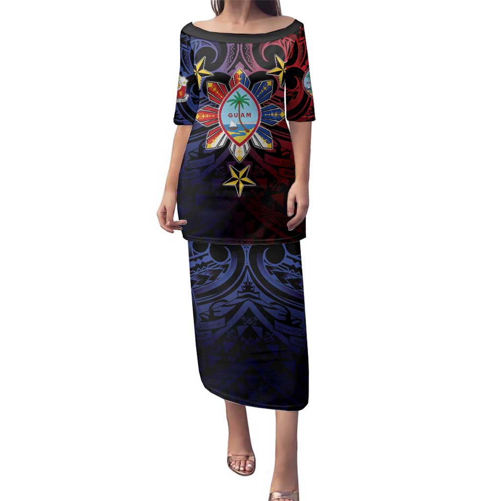 Philippines Guam Family Matching Puletasi and Hawaiian Shirt Filipino Sun With Guaman Seal LT05 Mom's Dress Blue - Polynesian Pride