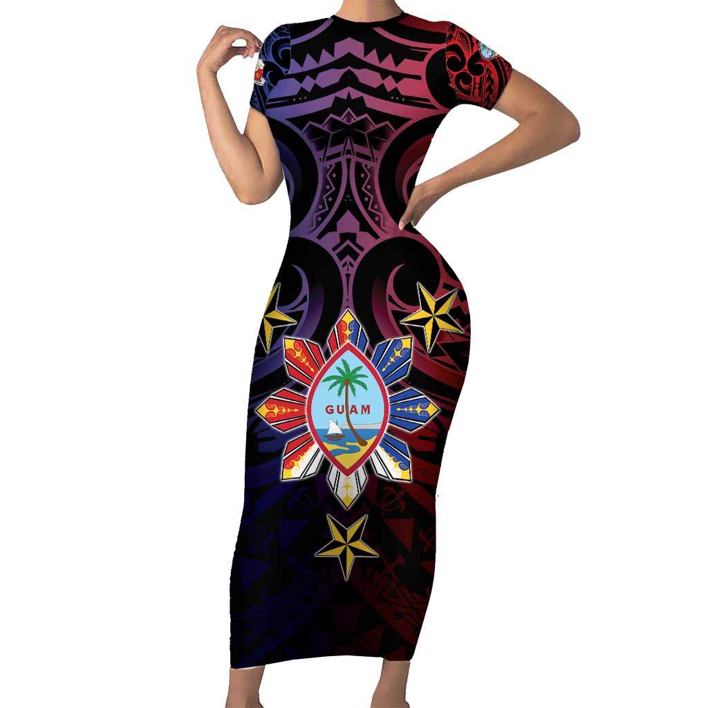 Philippines Guam Family Matching Short Sleeve Bodycon Dress and Hawaiian Shirt Filipino Sun With Guaman Seal LT05 Mom's Dress Blue - Polynesian Pride