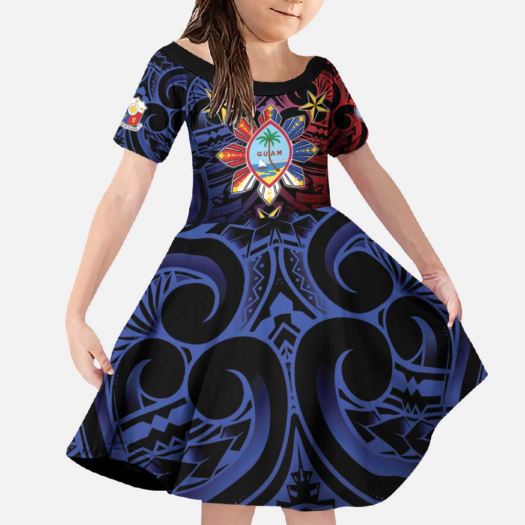 Philippines Guam Family Matching Summer Maxi Dress and Hawaiian Shirt Filipino Sun With Guaman Seal LT05 Daughter's Dress Blue - Polynesian Pride