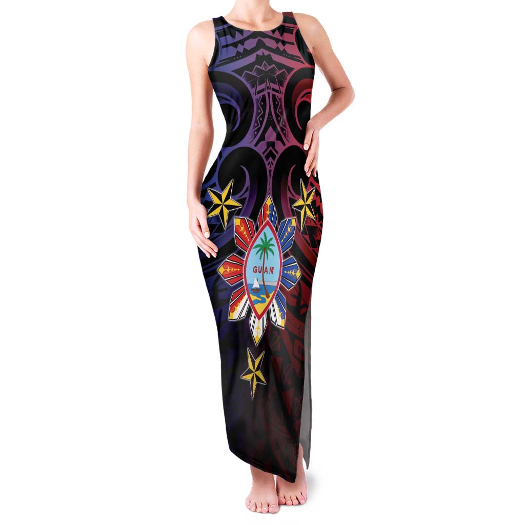 Philippines Guam Family Matching Tank Maxi Dress and Hawaiian Shirt Filipino Sun With Guaman Seal LT05 Mom's Dress Blue - Polynesian Pride