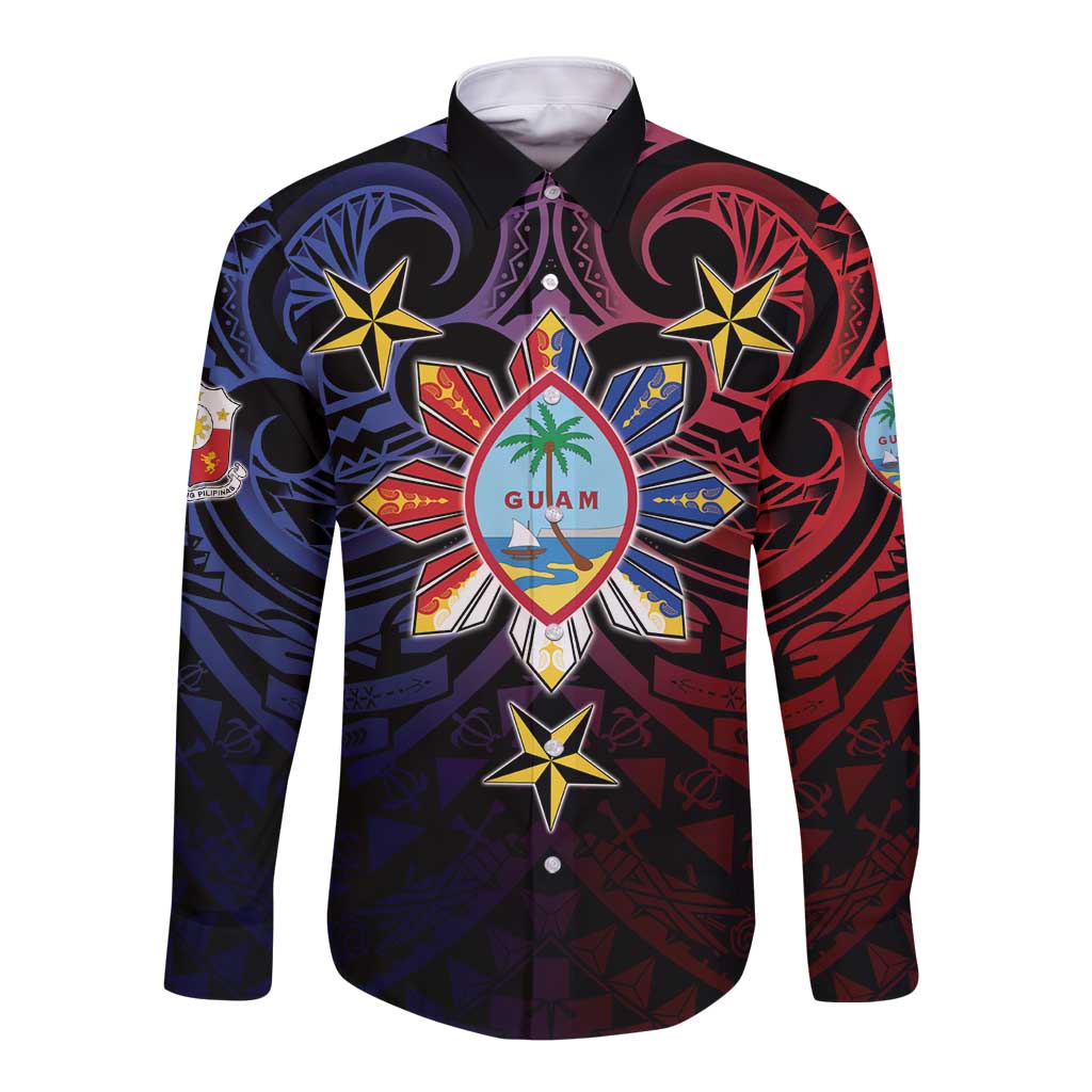 Philippines Guam Long Sleeve Button Shirt Filipino Sun With Guaman Seal LT05 Unisex Blue - Polynesian Pride