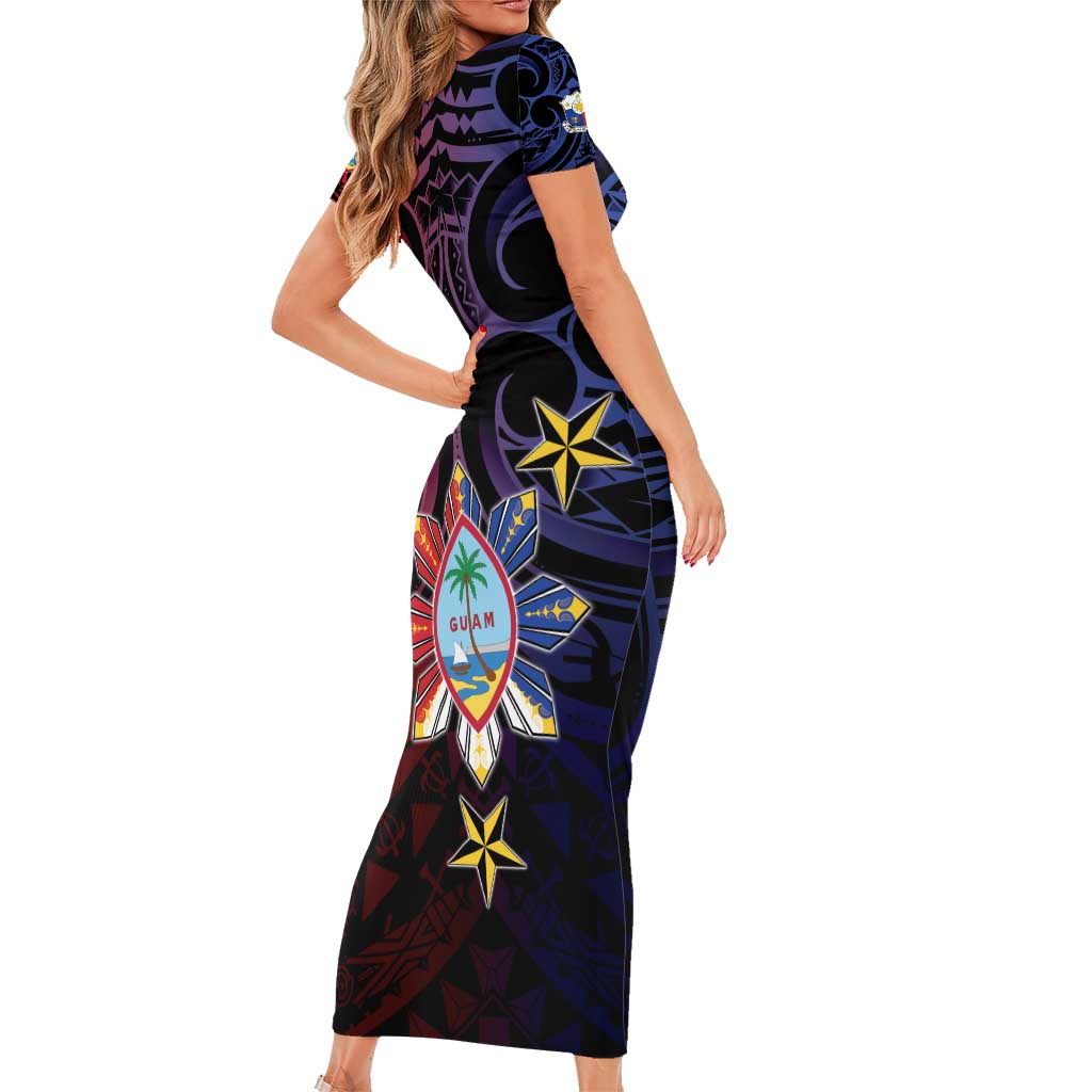 Philippines Guam Short Sleeve Bodycon Dress Filipino Sun With Guaman Seal