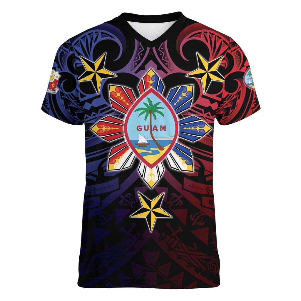 Philippines Guam Women V-Neck T-Shirt Filipino Sun With Guaman Seal LT05 Female Blue - Polynesian Pride