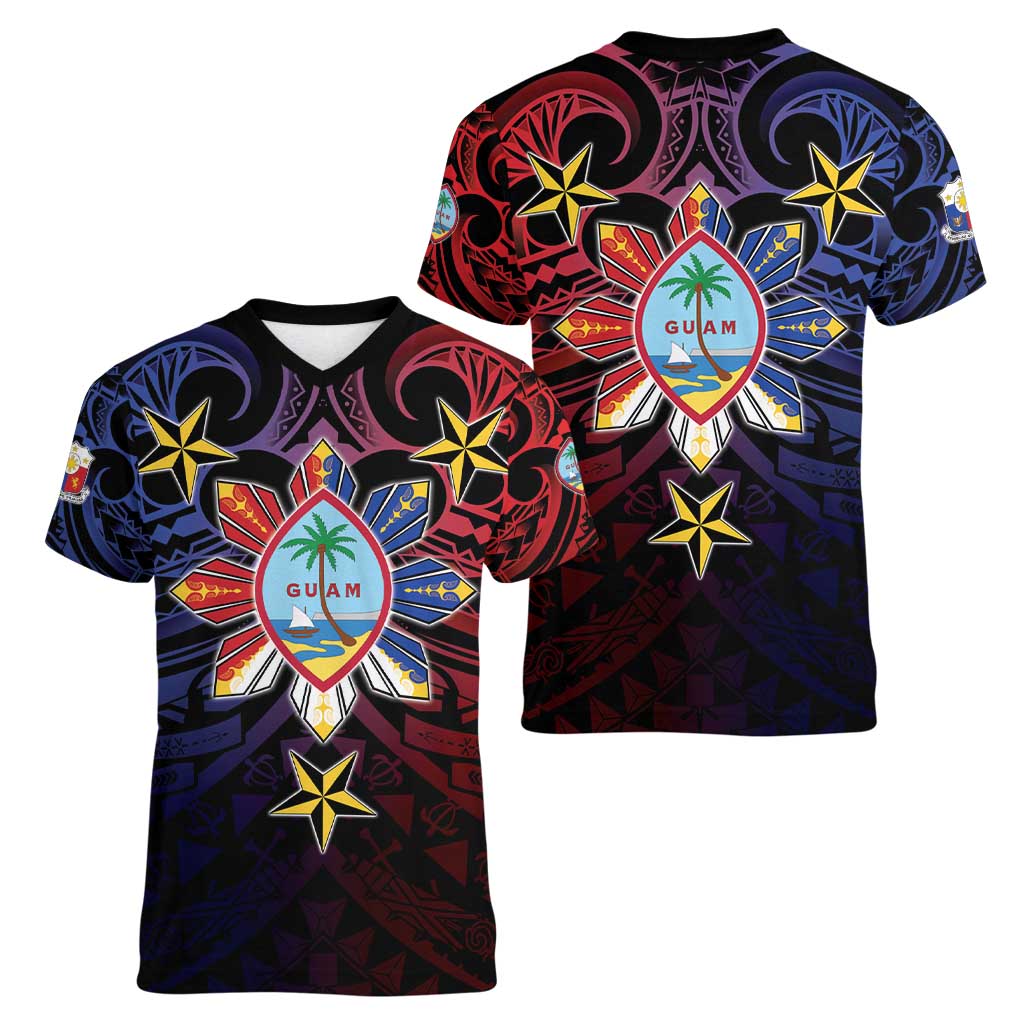 Philippines Guam Women V-Neck T-Shirt Filipino Sun With Guaman Seal LT05 - Polynesian Pride