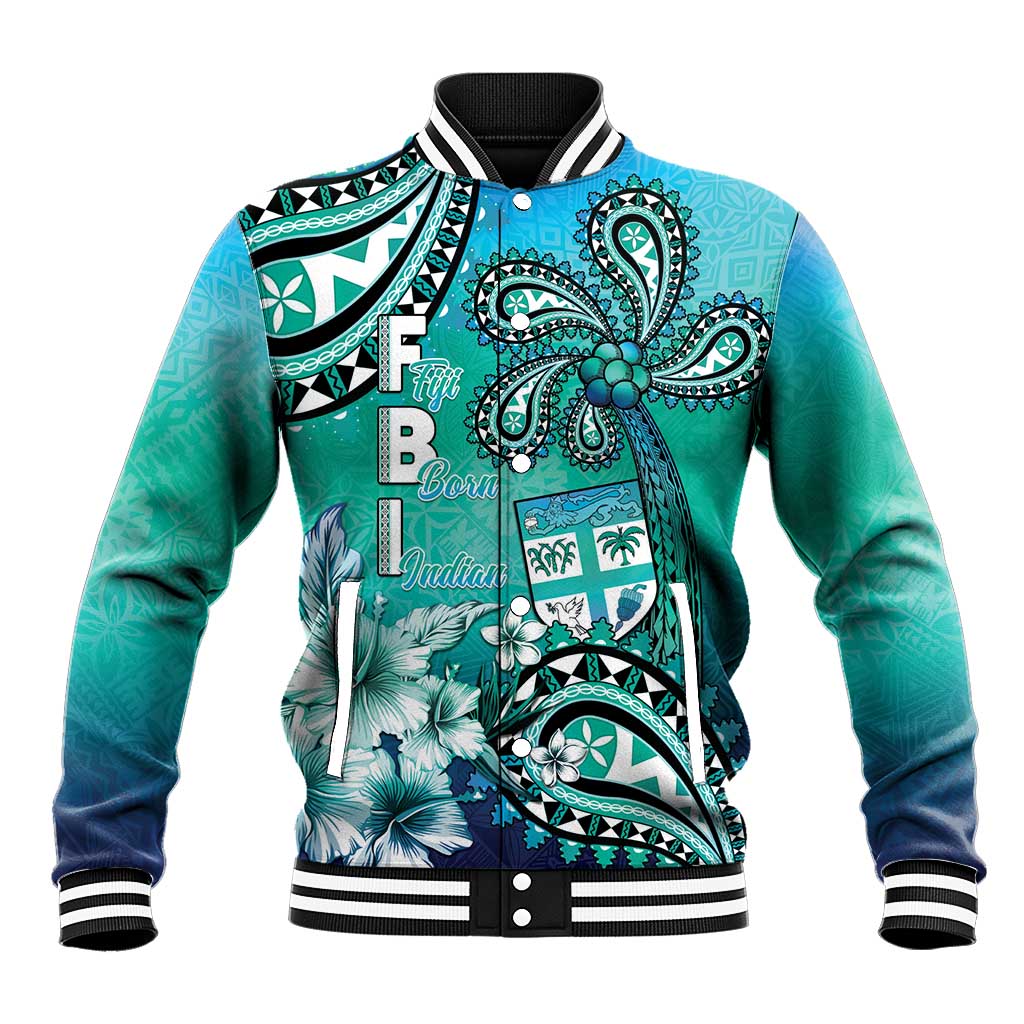 Fiji Born Indian Baseball Jacket Palm Paisley With Tapa Pattern LT05 Unisex Aqua - Polynesian Pride