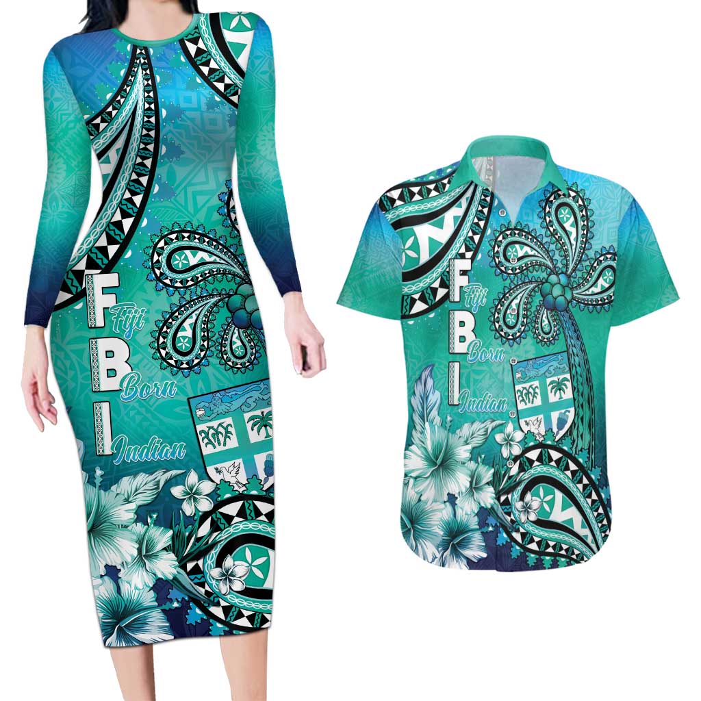 Fiji Born Indian Couples Matching Long Sleeve Bodycon Dress and Hawaiian Shirt Palm Paisley With Tapa Pattern LT05 Aqua - Polynesian Pride