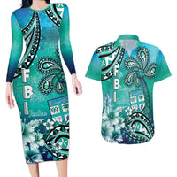 Fiji Born Indian Couples Matching Long Sleeve Bodycon Dress and Hawaiian Shirt Palm Paisley With Tapa Pattern LT05 Aqua - Polynesian Pride