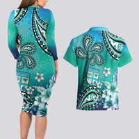 Fiji Born Indian Couples Matching Long Sleeve Bodycon Dress and Hawaiian Shirt Palm Paisley With Tapa Pattern LT05 - Polynesian Pride