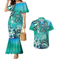 Fiji Born Indian Couples Matching Mermaid Dress and Hawaiian Shirt Palm Paisley With Tapa Pattern LT05 Aqua - Polynesian Pride