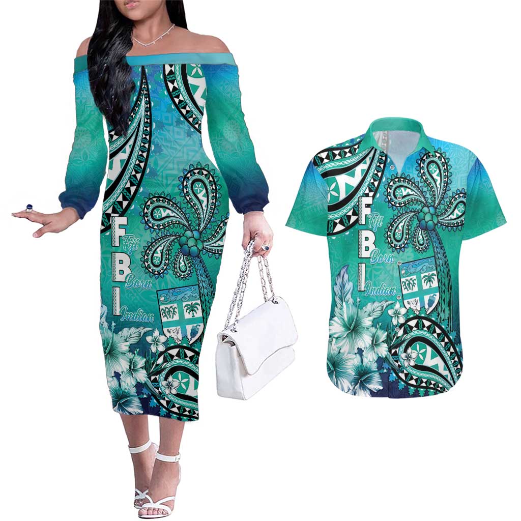 Fiji Born Indian Couples Matching Off The Shoulder Long Sleeve Dress and Hawaiian Shirt Palm Paisley With Tapa Pattern LT05 Aqua - Polynesian Pride