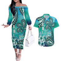 Fiji Born Indian Couples Matching Off The Shoulder Long Sleeve Dress and Hawaiian Shirt Palm Paisley With Tapa Pattern LT05 Aqua - Polynesian Pride