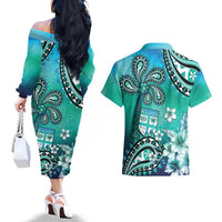 Fiji Born Indian Couples Matching Off The Shoulder Long Sleeve Dress and Hawaiian Shirt Palm Paisley With Tapa Pattern LT05 - Polynesian Pride