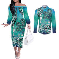 Fiji Born Indian Couples Matching Off The Shoulder Long Sleeve Dress and Long Sleeve Button Shirt Palm Paisley With Tapa Pattern LT05 Aqua - Polynesian Pride