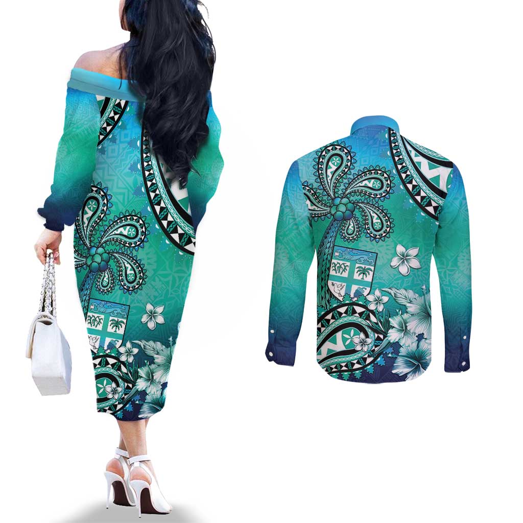 Fiji Born Indian Couples Matching Off The Shoulder Long Sleeve Dress and Long Sleeve Button Shirt Palm Paisley With Tapa Pattern LT05 - Polynesian Pride