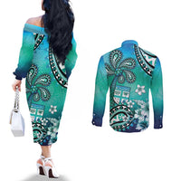 Fiji Born Indian Couples Matching Off The Shoulder Long Sleeve Dress and Long Sleeve Button Shirt Palm Paisley With Tapa Pattern LT05 - Polynesian Pride