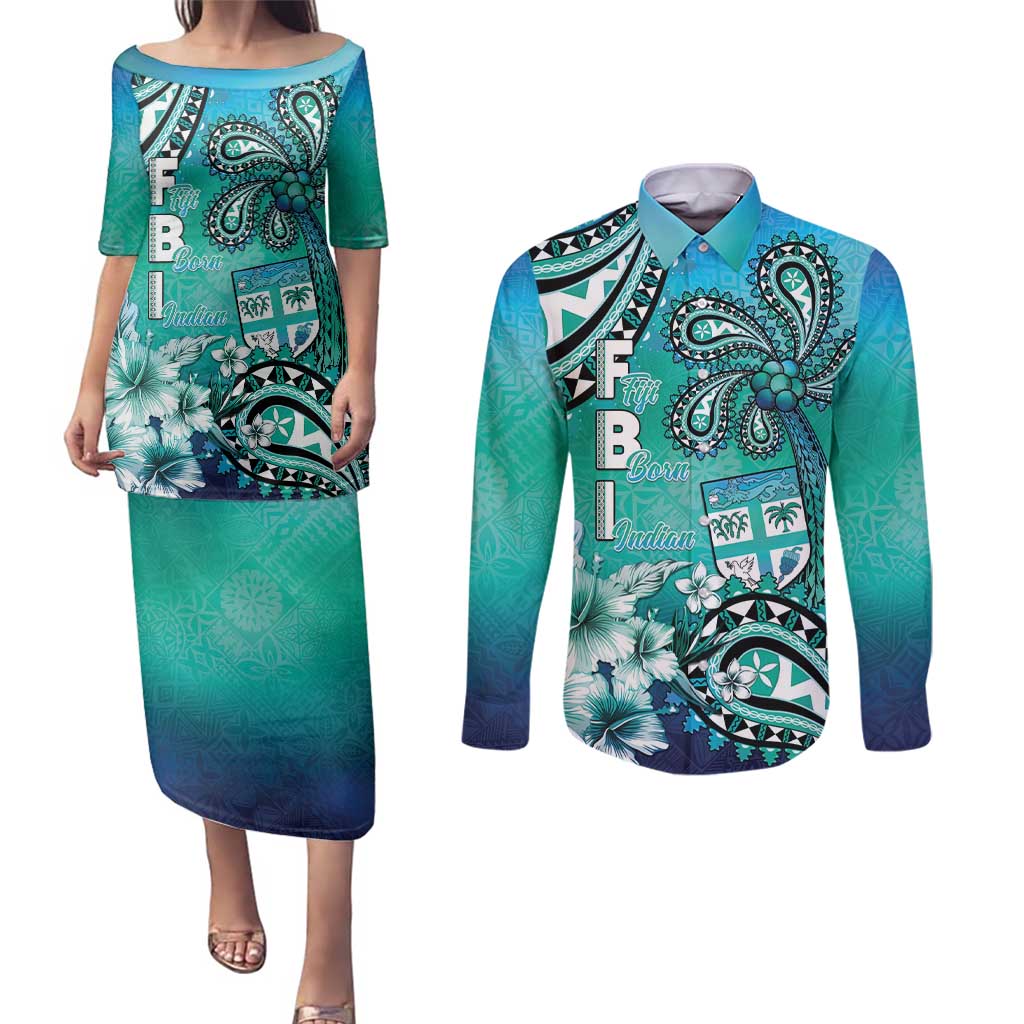 Fiji Born Indian Couples Matching Puletasi and Long Sleeve Button Shirt Palm Paisley With Tapa Pattern LT05 Aqua - Polynesian Pride