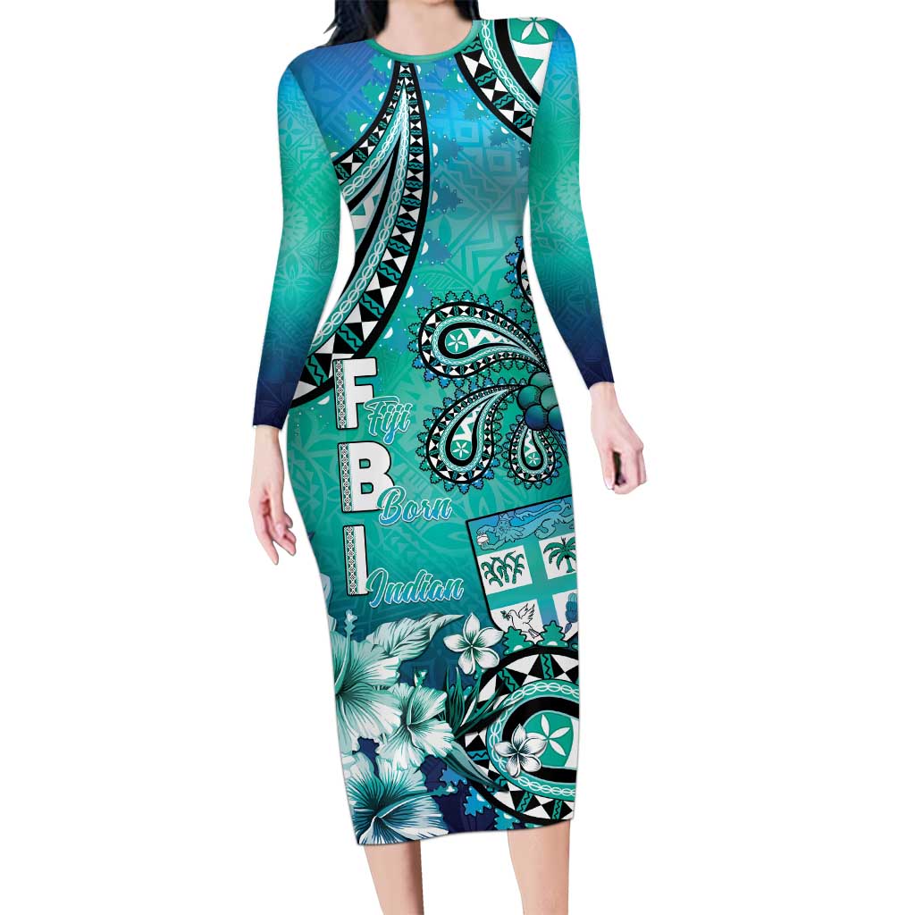 Fiji Born Indian Family Matching Long Sleeve Bodycon Dress and Hawaiian Shirt Palm Paisley With Tapa Pattern LT05 Mom's Dress Aqua - Polynesian Pride