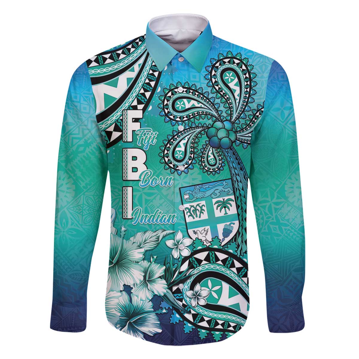 Fiji Born Indian Family Matching Off The Shoulder Long Sleeve Dress and Hawaiian Shirt Palm Paisley With Tapa Pattern LT05 Dad's Shirt - Long Sleeve Aqua - Polynesian Pride