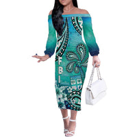 Fiji Born Indian Family Matching Off The Shoulder Long Sleeve Dress and Hawaiian Shirt Palm Paisley With Tapa Pattern LT05 Mom's Dress Aqua - Polynesian Pride