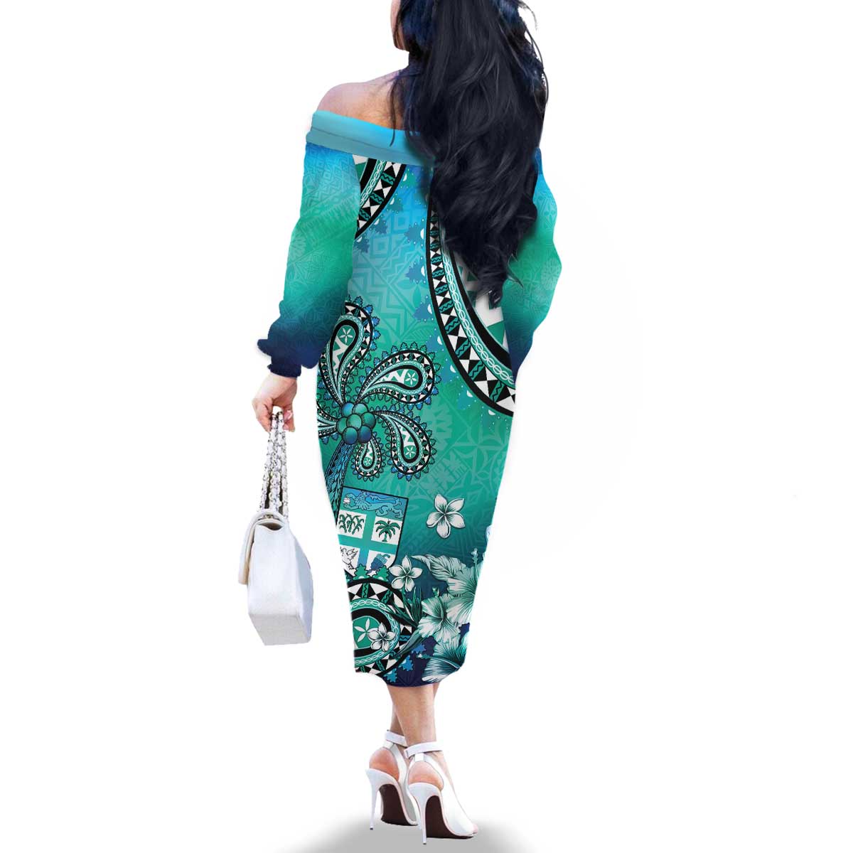 Fiji Born Indian Family Matching Off The Shoulder Long Sleeve Dress and Hawaiian Shirt Palm Paisley With Tapa Pattern LT05 - Polynesian Pride