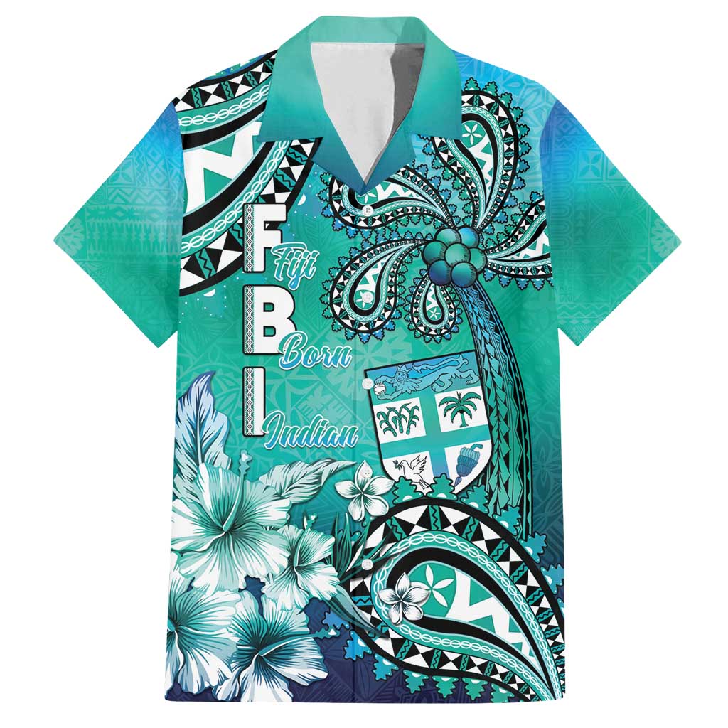 Fiji Born Indian Family Matching Off Shoulder Maxi Dress and Hawaiian Shirt Palm Paisley With Tapa Pattern LT05 Dad's Shirt - Short Sleeve Aqua - Polynesian Pride