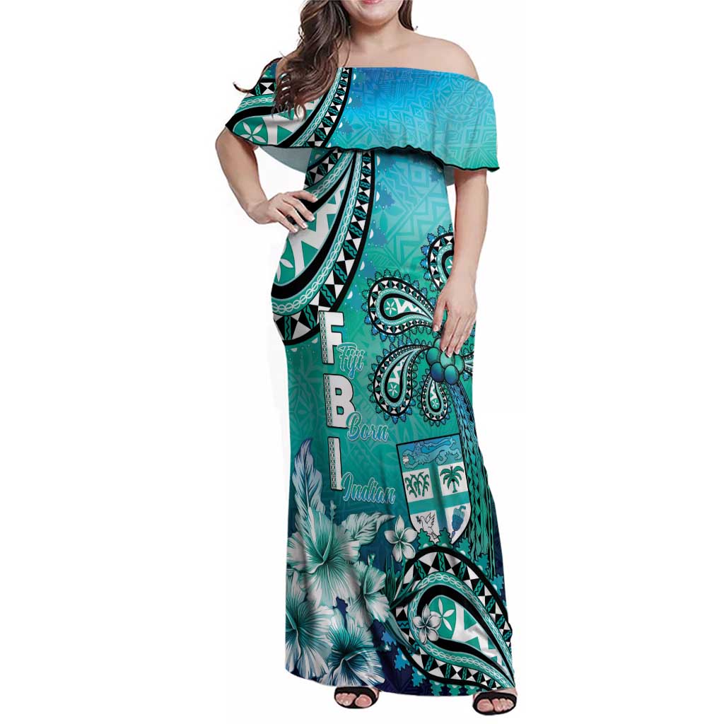 Fiji Born Indian Family Matching Off Shoulder Maxi Dress and Hawaiian Shirt Palm Paisley With Tapa Pattern LT05 Mom's Dress Aqua - Polynesian Pride