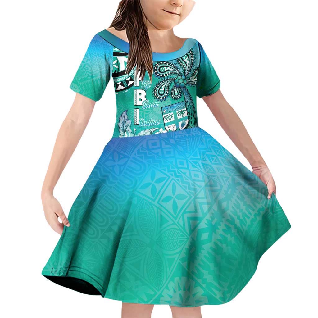 Fiji Born Indian Family Matching Off Shoulder Short Dress and Hawaiian Shirt Palm Paisley With Tapa Pattern LT05 Daughter's Dress Aqua - Polynesian Pride